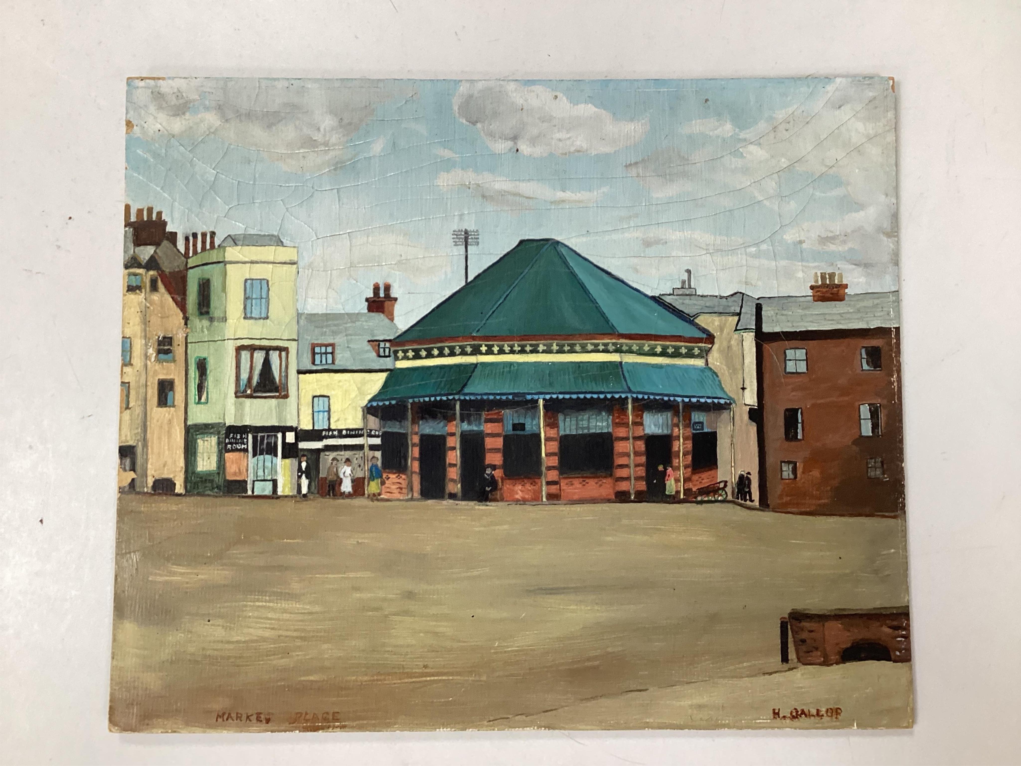 From the Studio of Fred Cuming. H. Gallop, oil on board, 'Market Place', signed, 25 x 30cm, unframed. Condition - poor, craquelure all over